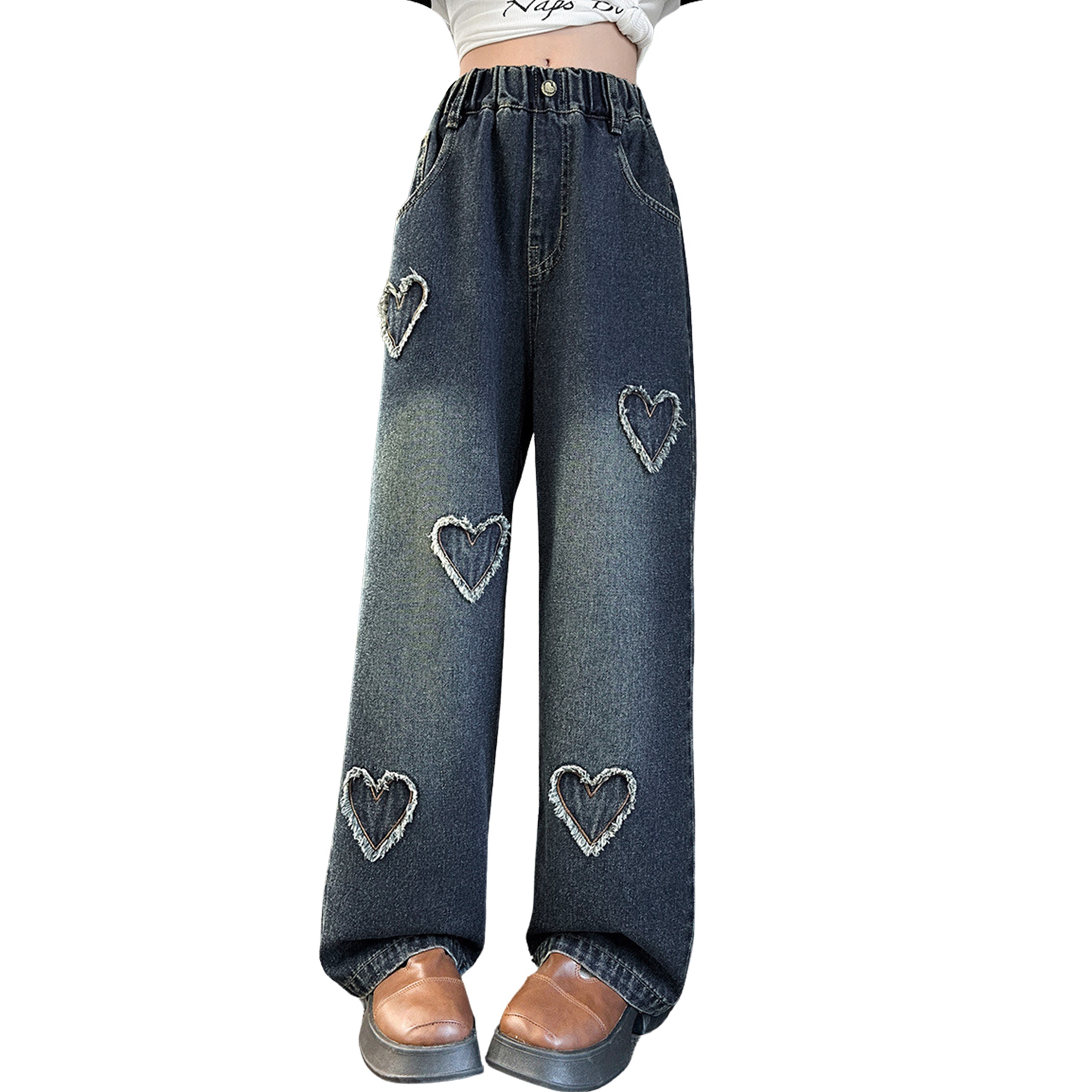 Girls Navy Raw Hemmed Heart Jeans