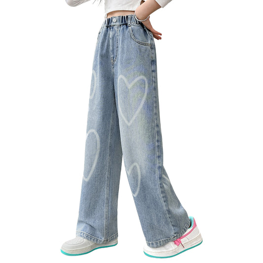 Girls Elastic Waist Blue Love Jeans