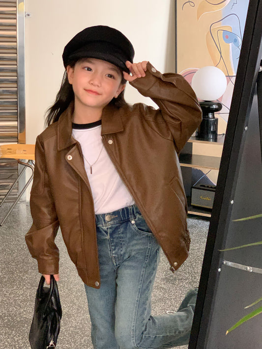 Giacca da ragazza in ecopelle Giacca da moto con cerniera per volo Cappotto caldo outwear per bambini 