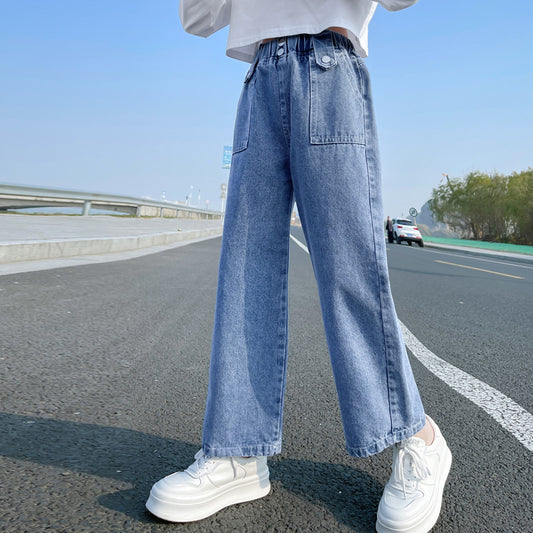 Jeans classici da ragazza a vita alta con gamba larga 