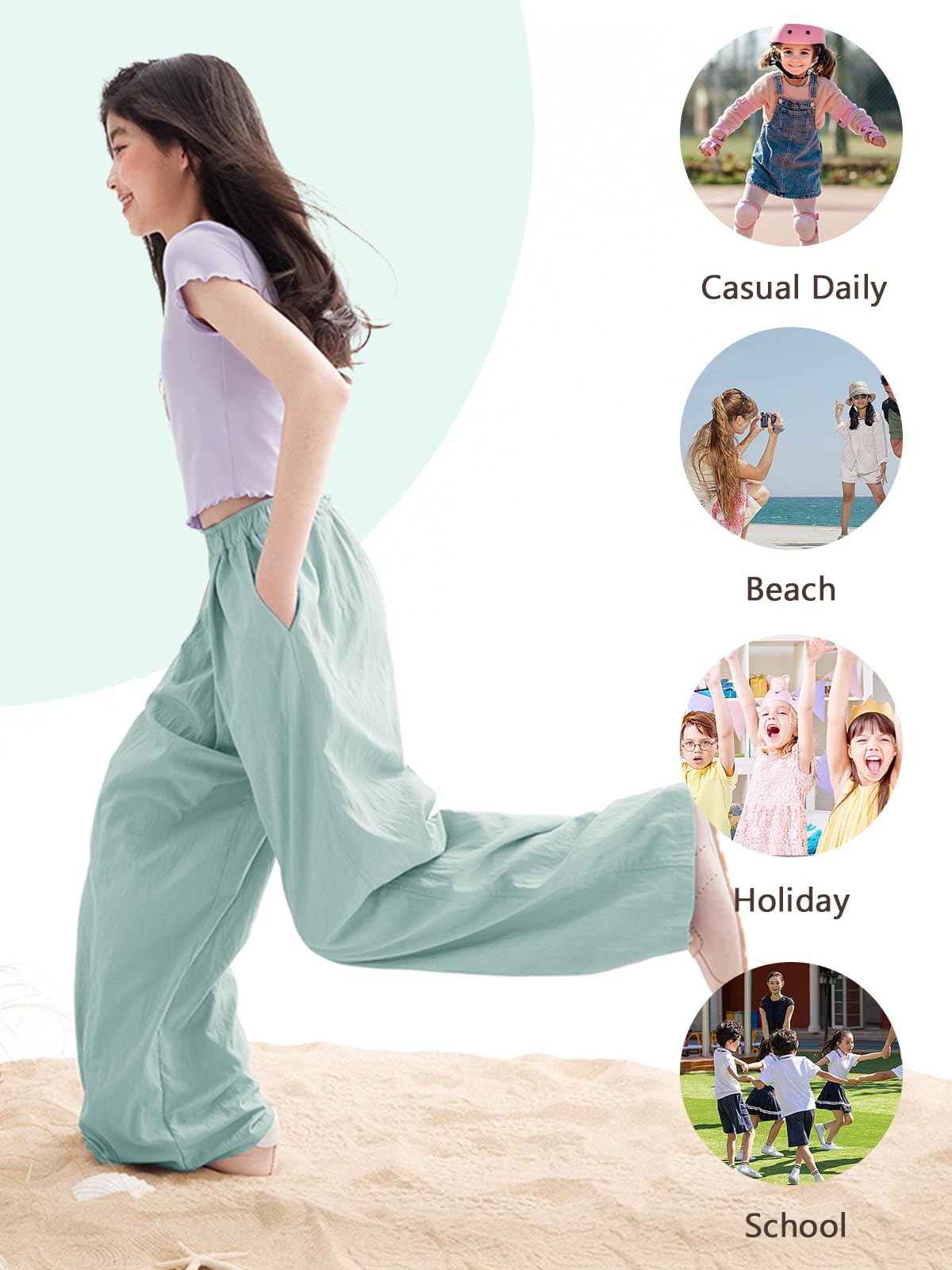 Rolanko Girls Wide Leg Pants Flowy Loose Fit Palazzo Pants for Girls Kids Linen Trousers Casual Beach