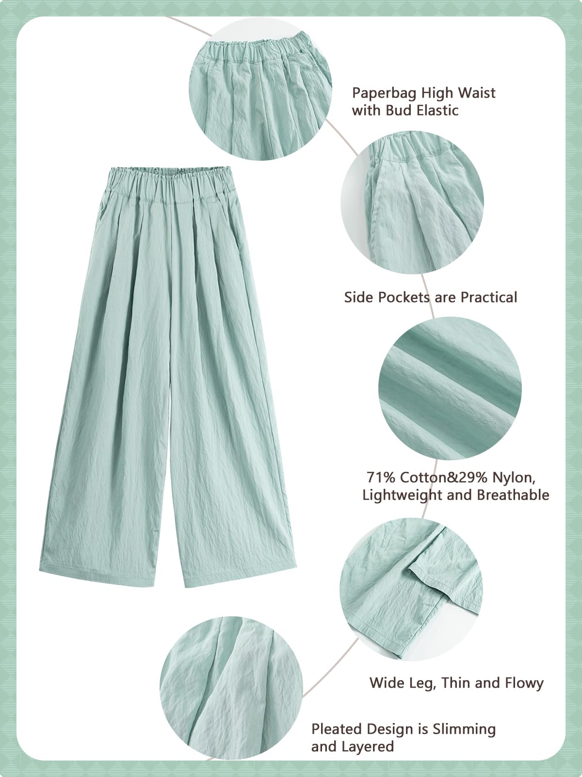Rolanko Girls Wide Leg Pants Flowy Loose Fit Palazzo Pants for Girls Kids Linen Trousers Casual Beach