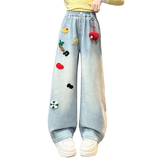 Rolanko Girls High Waist Wide Leg Towel Embroidery Jeans with 3D Floral Stitch