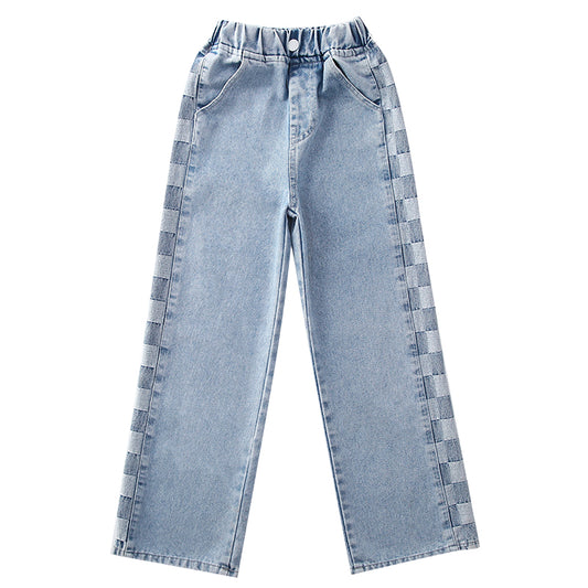 Pantaloni in denim a gamba larga scozzese da ragazza 