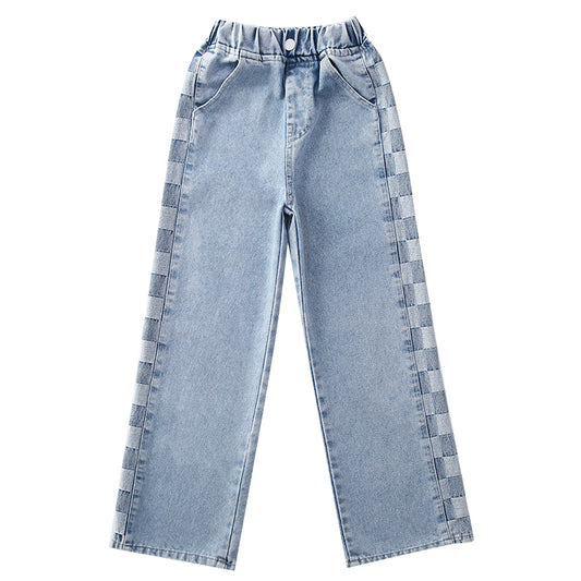 Girl's Plaidside Wide Leg Denim Trousers