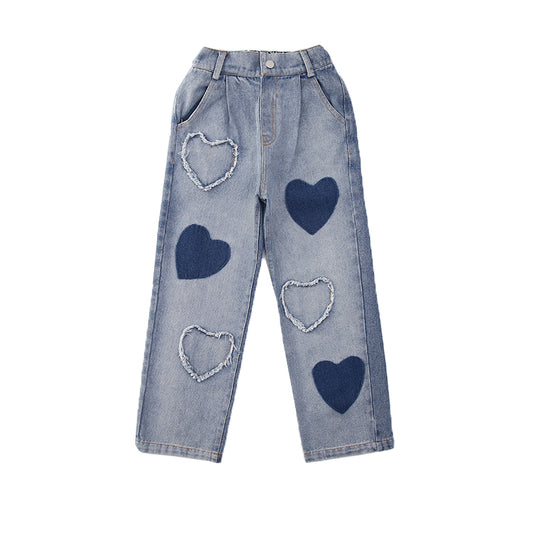 Girl's Fashion Heart Pattern Baggy Jeans