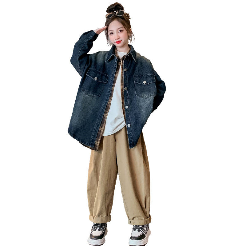 Girls Oversized Fall Denim Shirt with Pockets