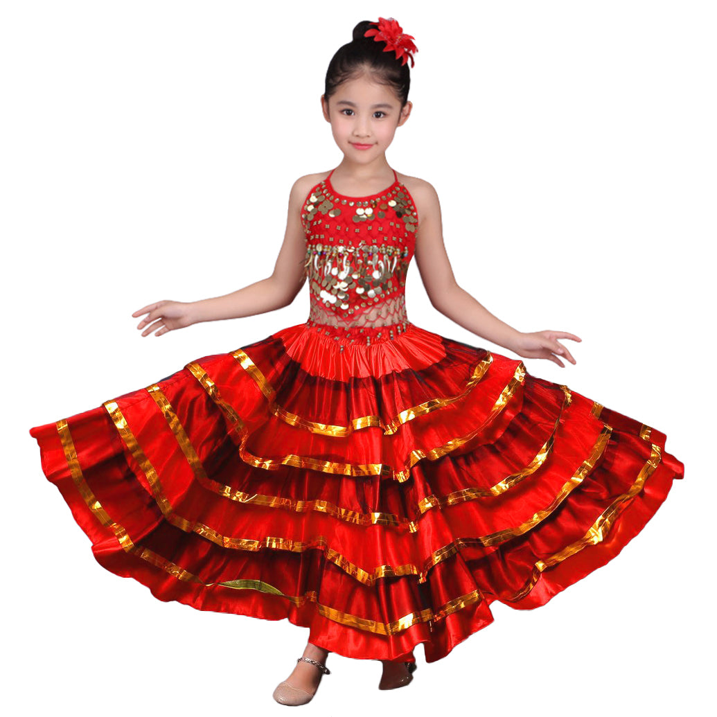 Rolanko Girls Spanish Flamenco Skirt Gypsy Belly Dancer Performance Costume Set