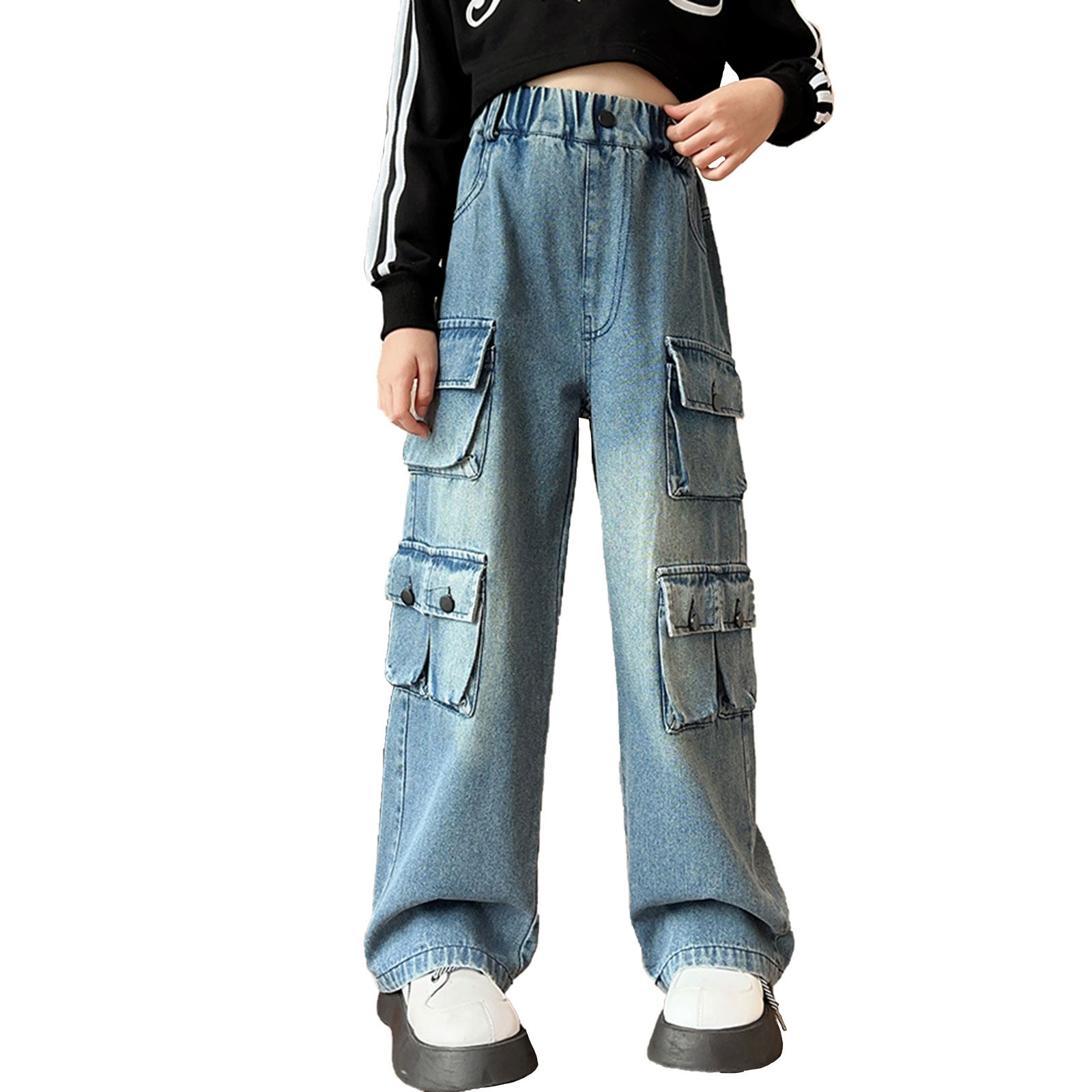 Girls Four Pocket Wide Leg Cargo Jeans – Rolanko Official Site