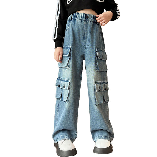 Girls Four Pocket Wide Leg Cargo Jeans