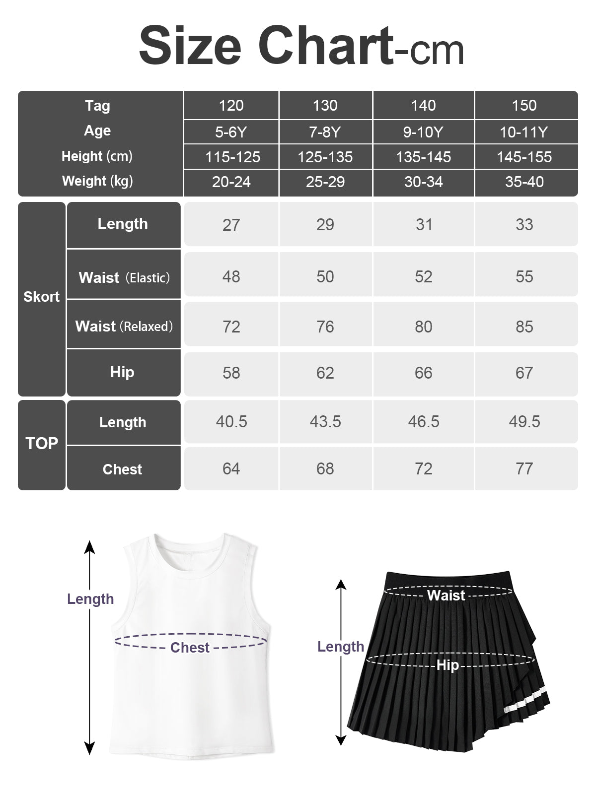 Rolanko Girls Tennis Skirt Set, UPF 50+ Tank Top & Pleated Skirt