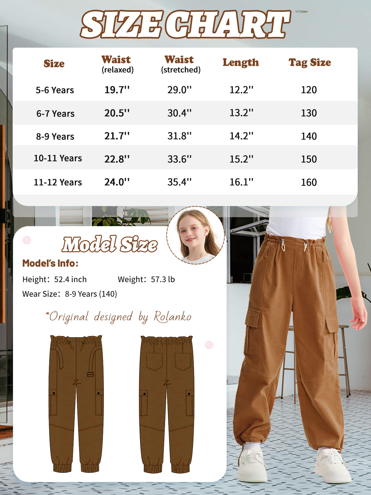 Girls Wide Leg Loose Cargo Pants with Belt