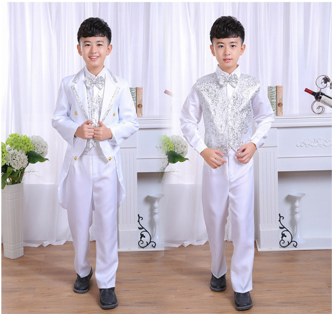 Rolanko 6 Piece Boys' Classic Tuxedo with Tail Formal Suits Wedding Ring Bearer Outfit Tailcoat Jacket, Vest, Pants, Shirt, Bowtie and Waistband
