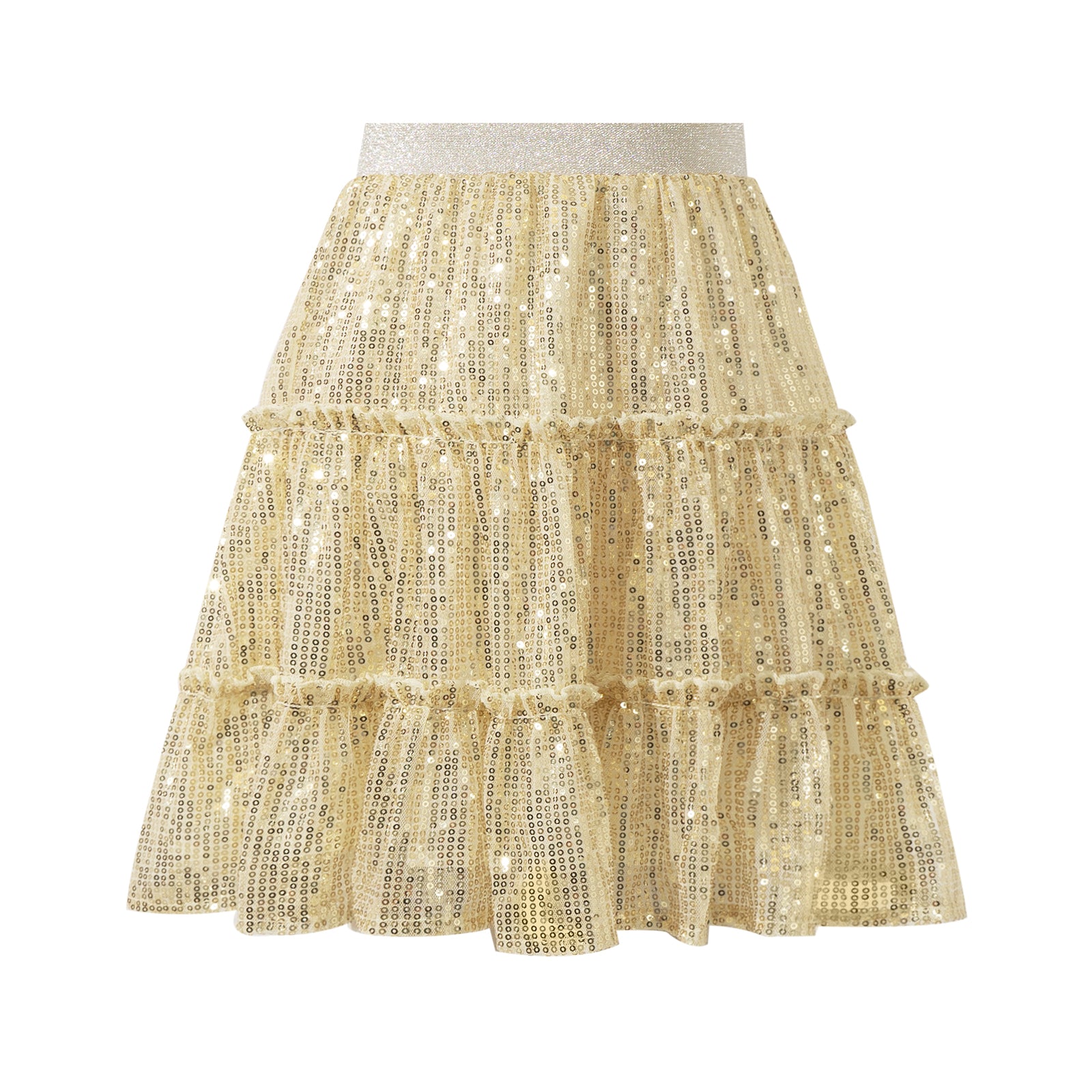 Rolanko Girls Sequin Sparkly Elastic Waist Summer Pleated Tulle Flowy Ruffle Skirts