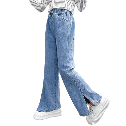 Pantaloni larghi in denim con gamba divisa da ragazza 