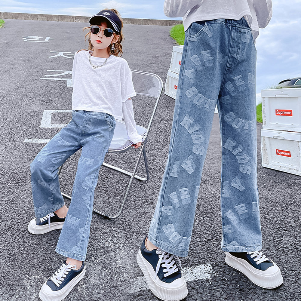 Girl's Elastic Waist Denim Wide Leg Baggy Jeans Pants