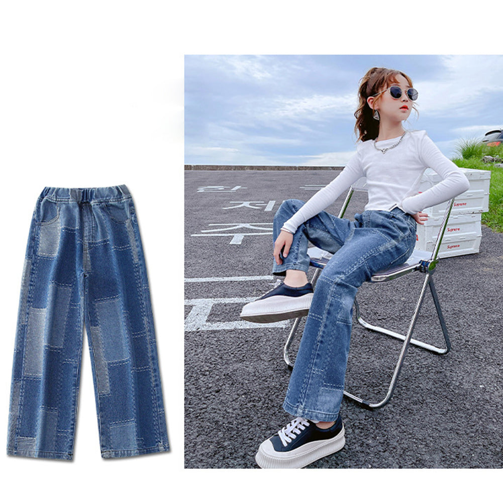 Girl's Elastic Waist Denim Wide Leg Baggy Jeans Pants