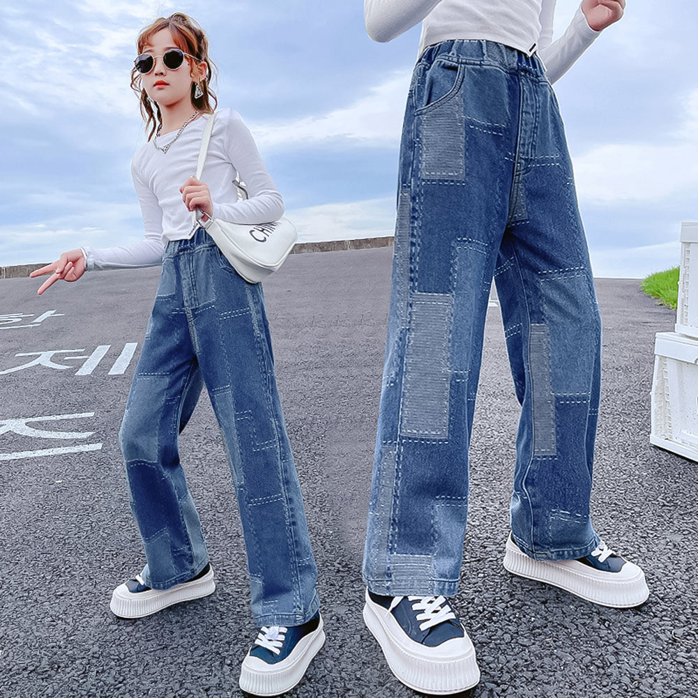 Girl's Elastic Waist Denim Wide Leg Baggy Jeans Pants