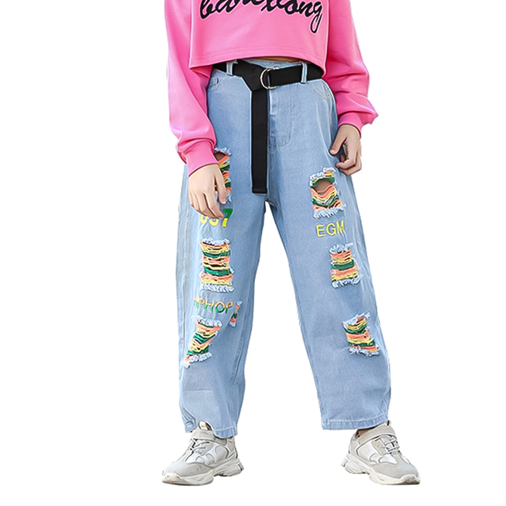 Girl's Elastic Waist Denim Wide Leg Baggy Jeans Pants