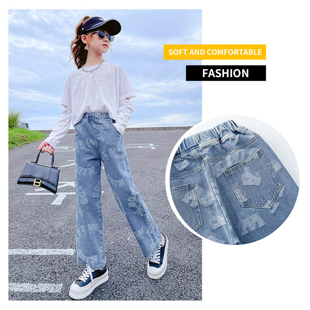 Girl's Elastic Waist Denim Wide Leg Baggy Jeans Pants