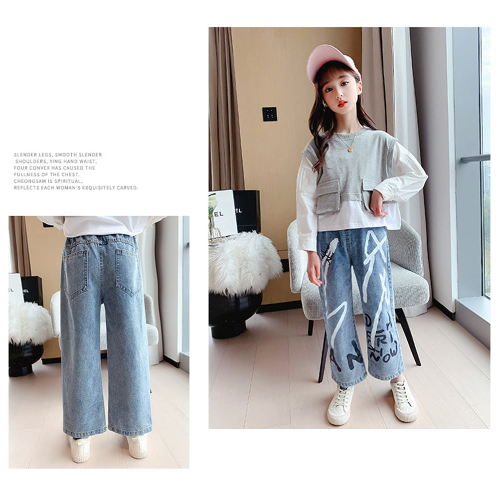 Girl's Elastic Waist Denim Wide Leg Baggy Jeans Pants