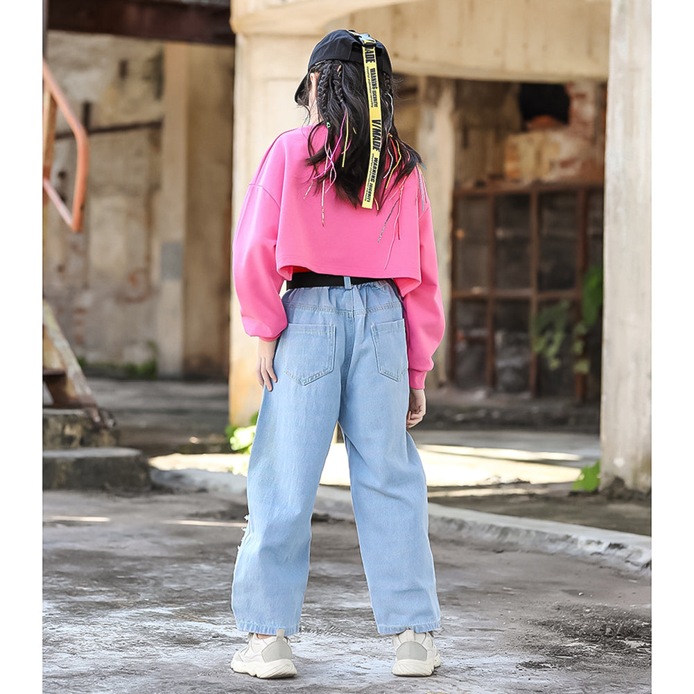 Girl's Elastic Waist Denim Wide Leg Baggy Jeans Pants