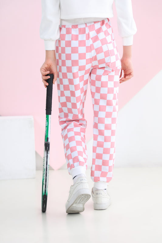 Girl's Pink Green Plaid Trousers Outdoor Drawstring Sweatpants