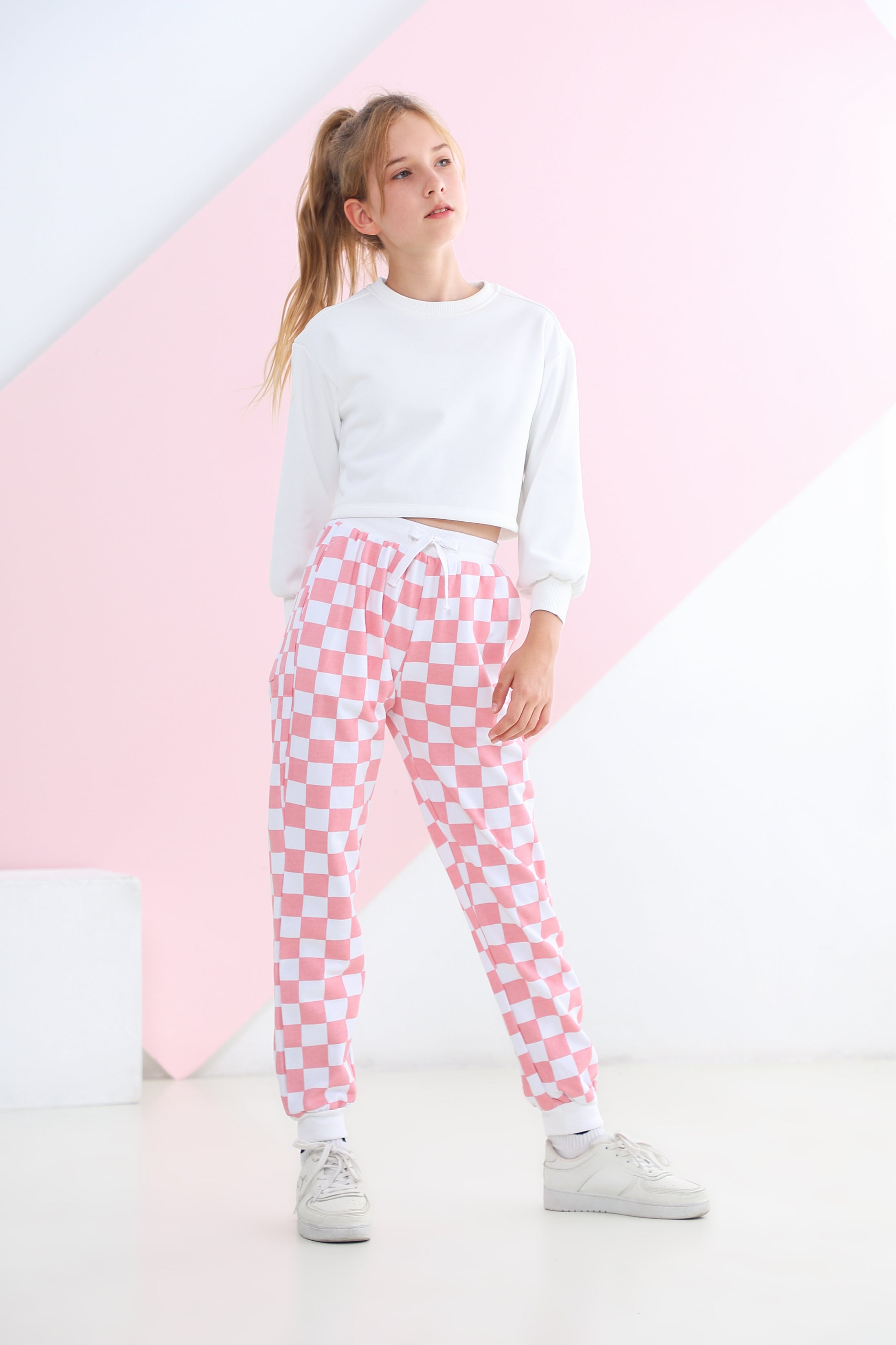 Pantaloni sportivi con coulisse da esterno per pantaloni scozzesi rosa verdi da ragazza 