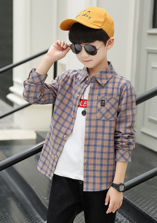 Camicia abbottonata scozzese da ragazzo a maniche lunghe 