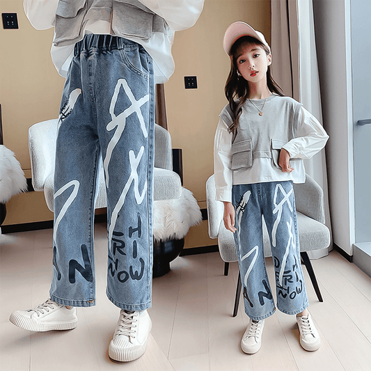 Pantaloni jeans larghi a gamba larga in denim con vita elastica da ragazza 
