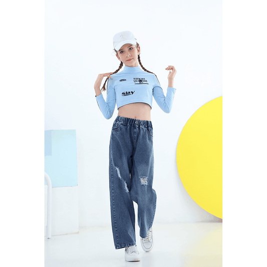 Pantaloni jeans larghi in denim classico resistente da ragazza 