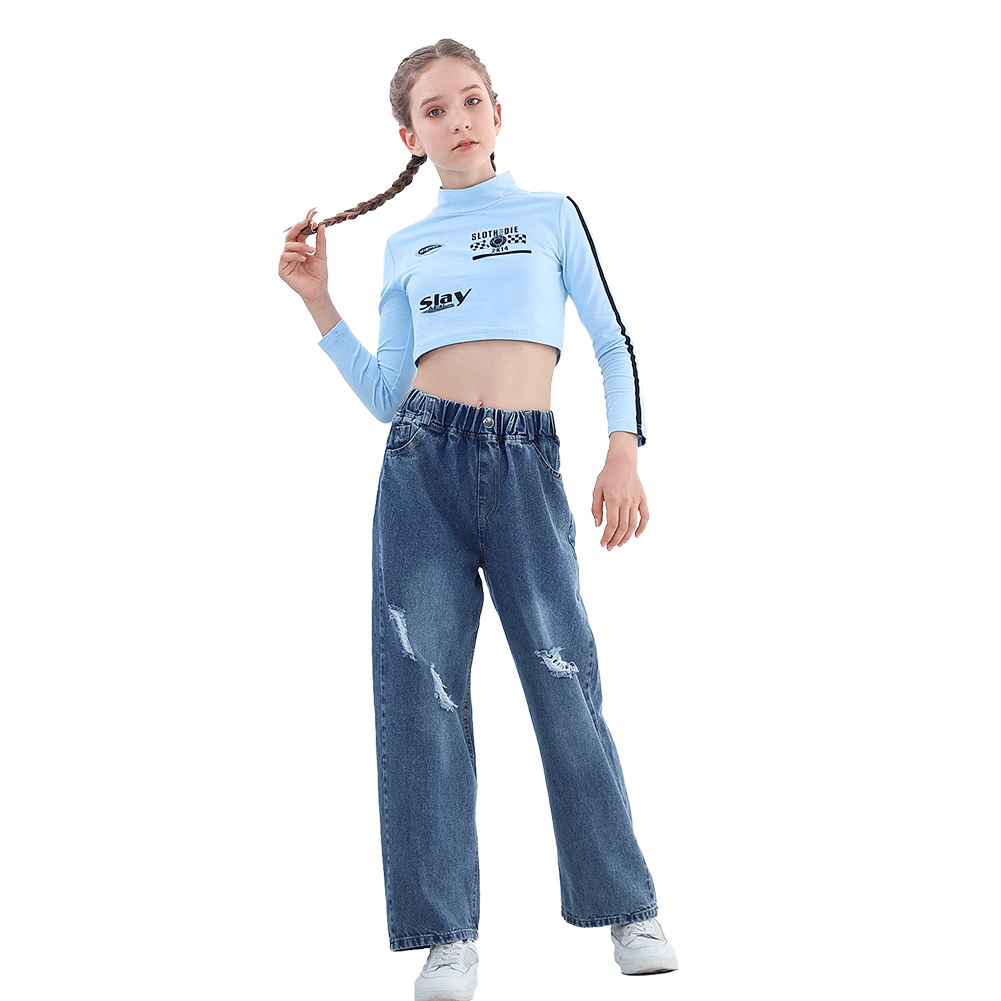 Girl's Durable Classic Denim Baggy Jeans Pants