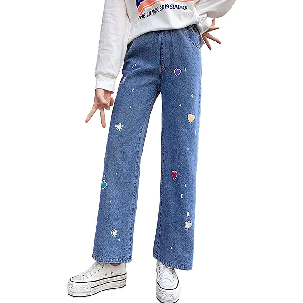 Girl’s Outdoor Heart Elastic Waist Jeans Denim Pants