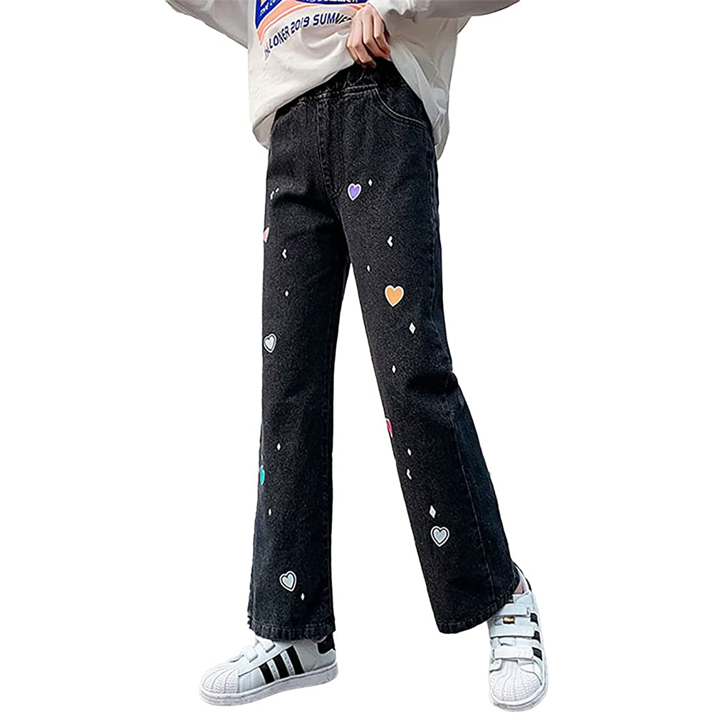 Girl’s Outdoor Heart Elastic Waist Jeans Denim Pants