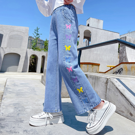 Pantaloni in denim con jeans elasticizzati in vita da picnic a farfalla da ragazza 