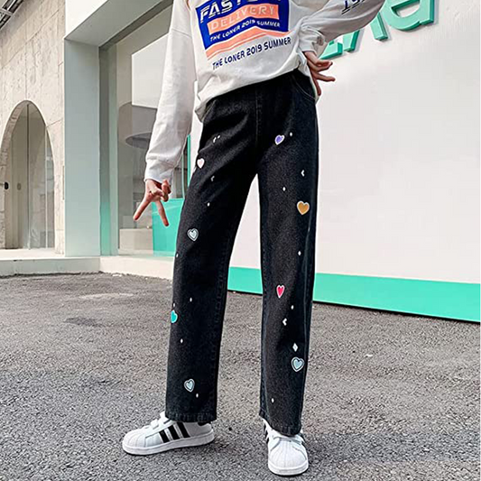 Pantaloni in denim jeans con vita elastica a cuore all'aperto da ragazza 
