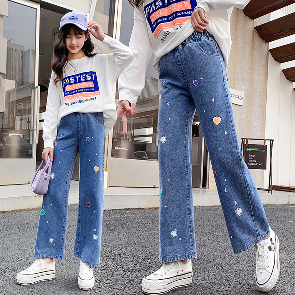 Girl’s Outdoor Heart Elastic Waist Jeans Denim Pants