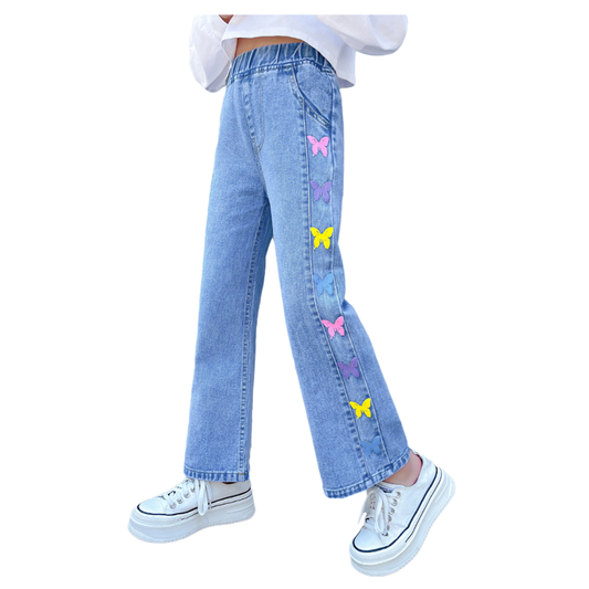 Pantaloni in denim con jeans elasticizzati in vita da picnic a farfalla da ragazza 