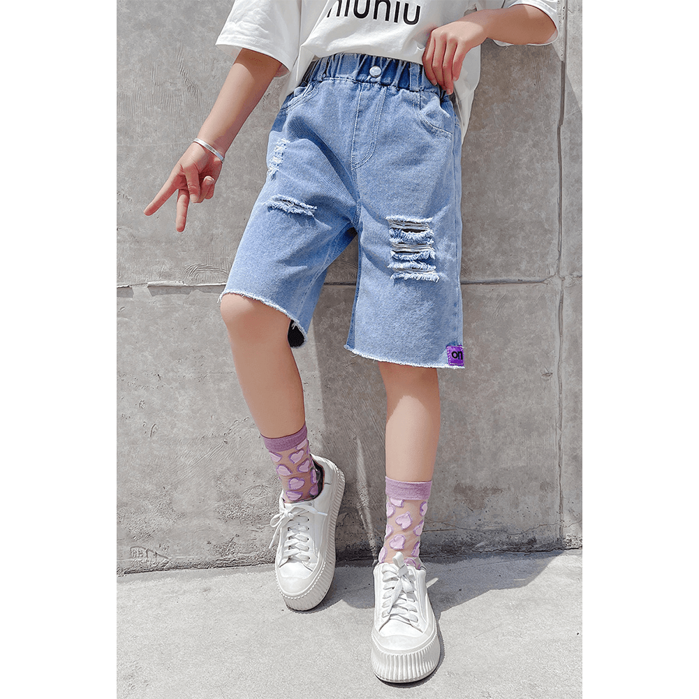 Girl's Cozy Summer Beach Elastic Waist Denim Shorts