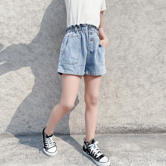 Pantaloncini jeans estivi da esterno con elastico in vita da ragazza 