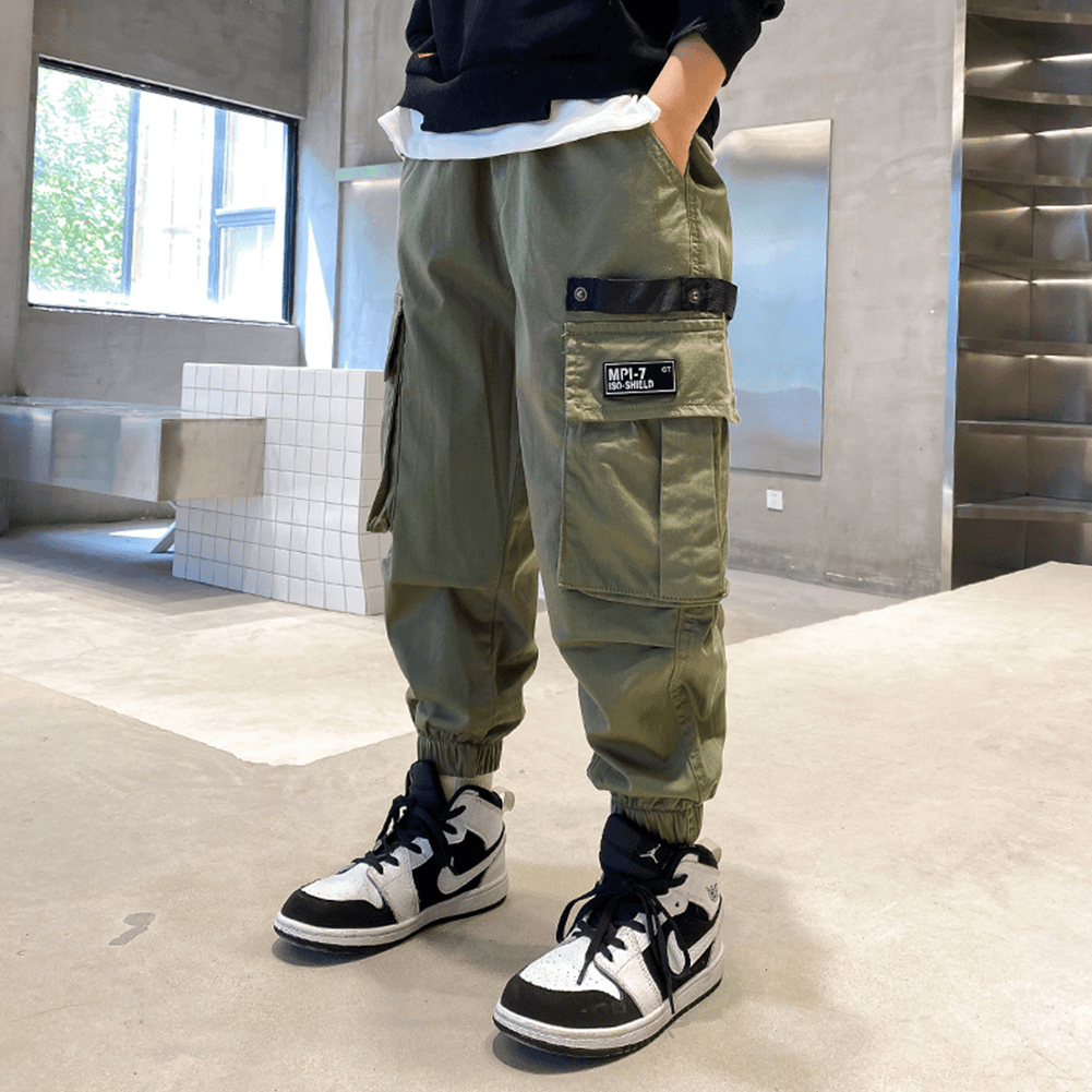 Boy's Green Casual Outdoor Elastic Cargo Pants