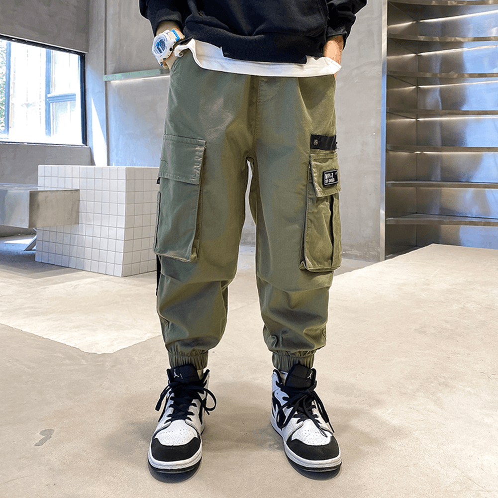 Boy's Green Casual Outdoor Elastic Cargo Pants