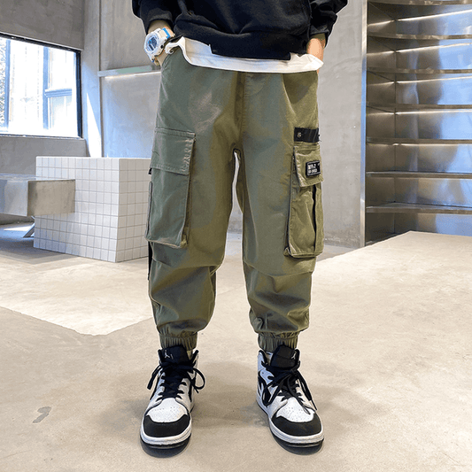 Boy's Green Casual Outdoor Elastic Cargo Pants