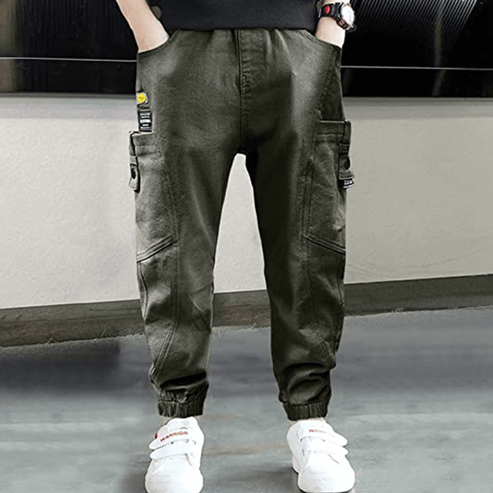 Boy's Green Casual Outdoor Elastic Cargo Pants