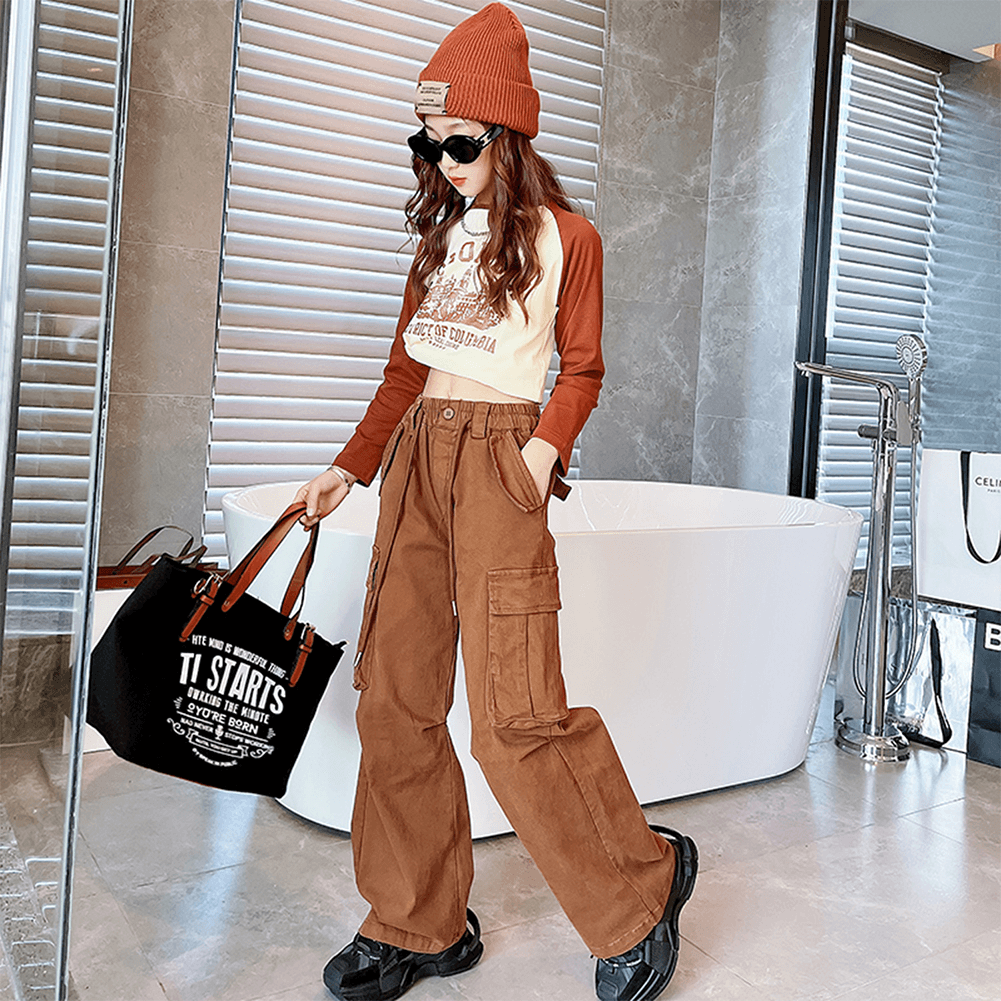 Girl's Casual High Waist Baggy Wide Leg Cargo Pants