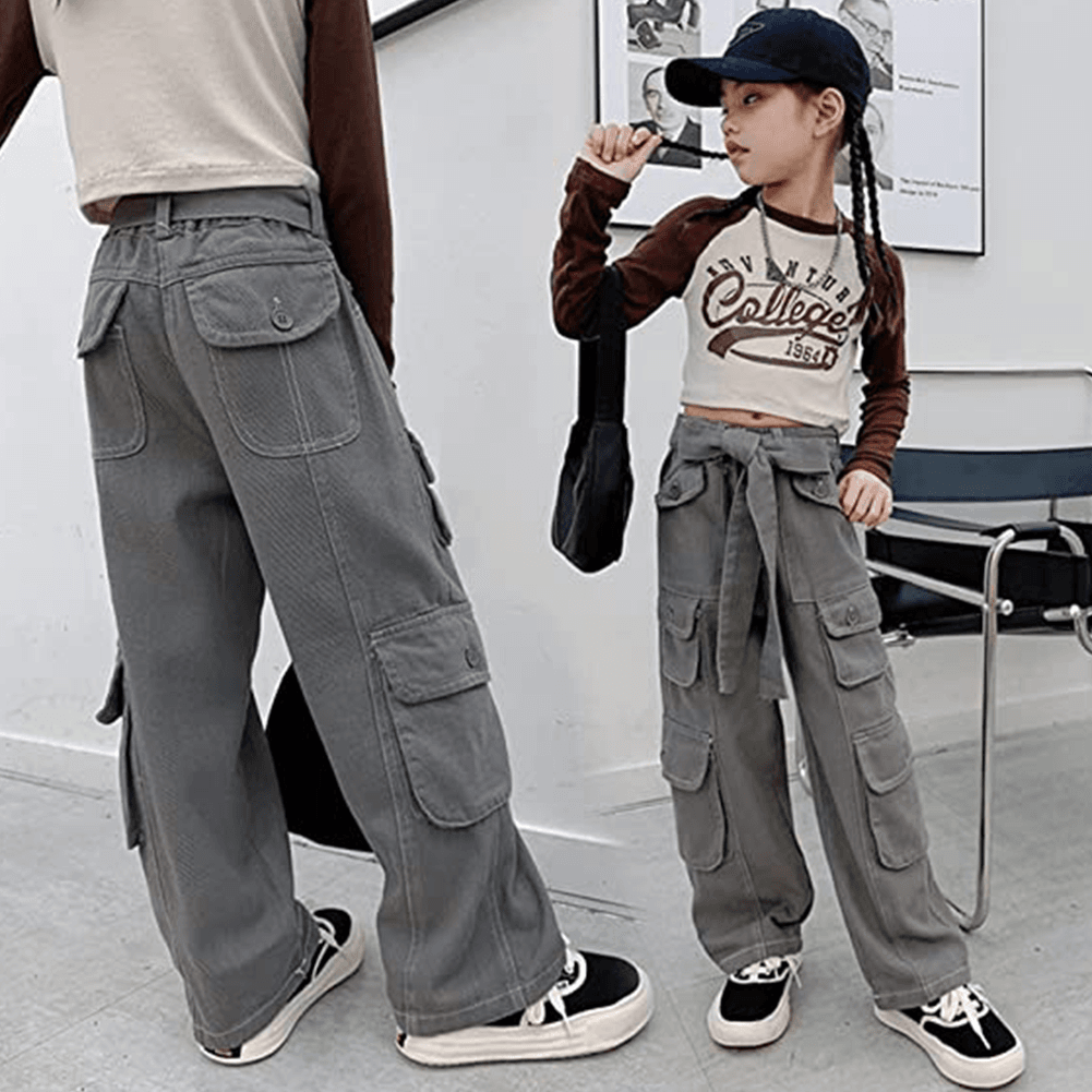 Girl's Casual High Waist Baggy Wide Leg Cargo Pants