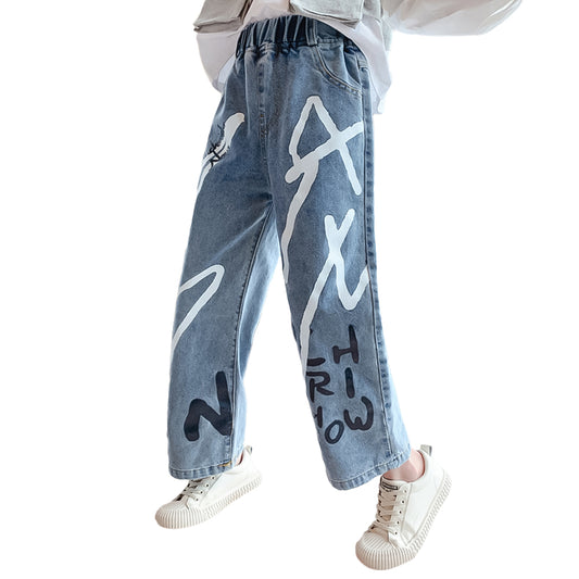 Pantaloni jeans larghi a gamba larga in denim con vita elastica da ragazza 
